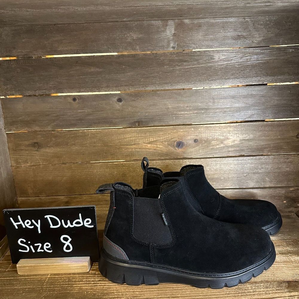 New NWT Mens Hey‎ Dude Scott Black Suede Comfort Chelsea Ankle Boots Size 8 M